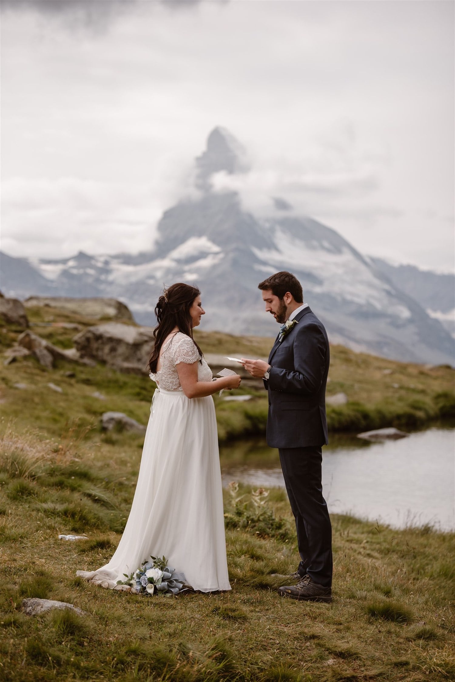 Couple exchanging vows in front of the Matterhorn in Zermatt