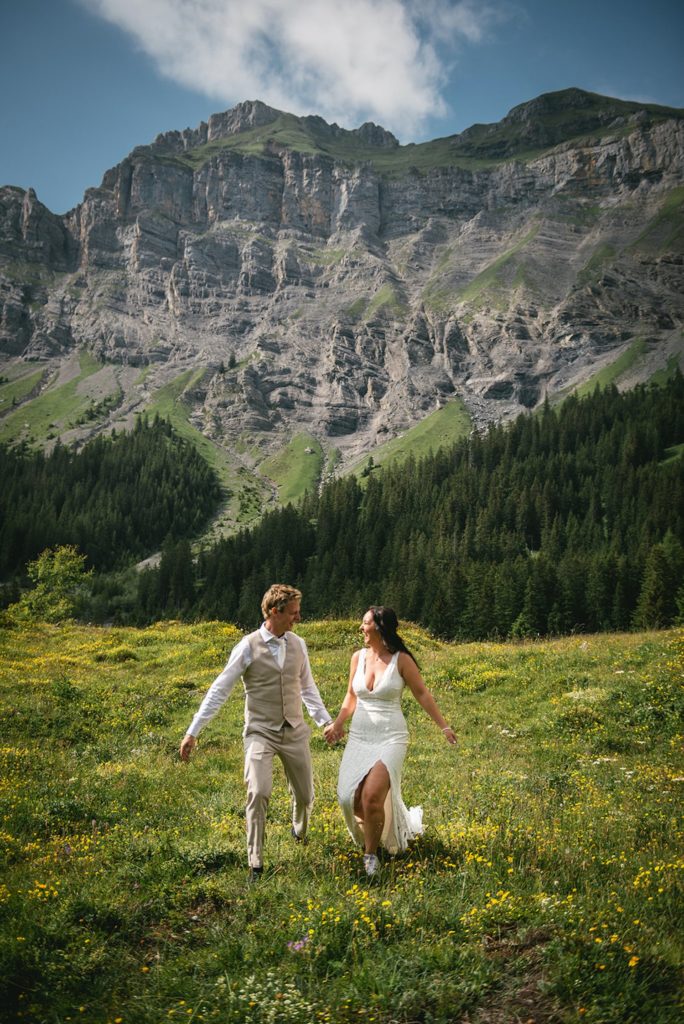 An elopement in a flower field in Switzerland