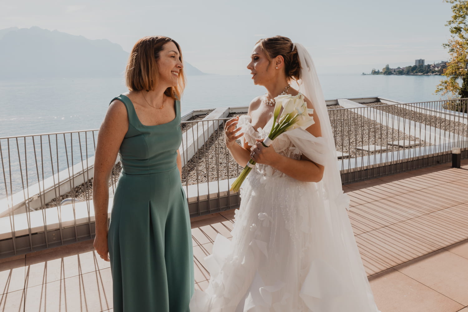 Officiant reassuring bride before her wedding ceremony in Montreux, Switzerland